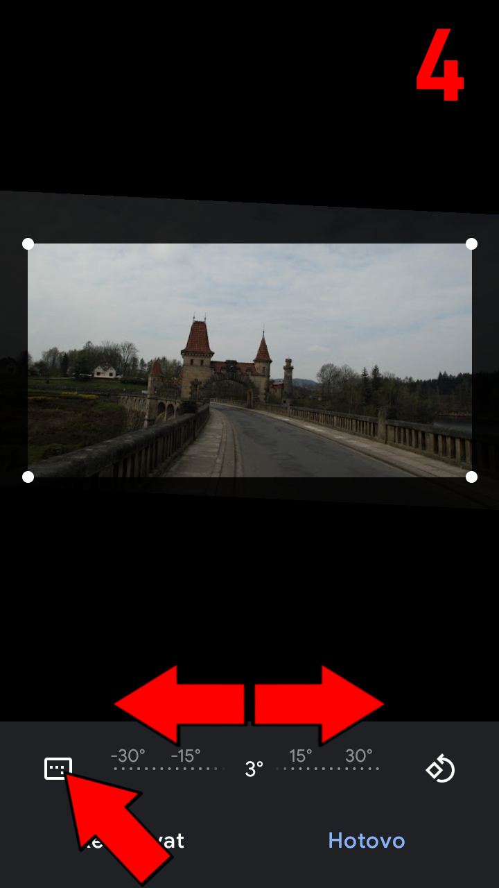 4) srovnejte horizont do vodorovné polohy posunem šipky vlevo/vpravo a potom klikněte na ikonku "formát ořezu"